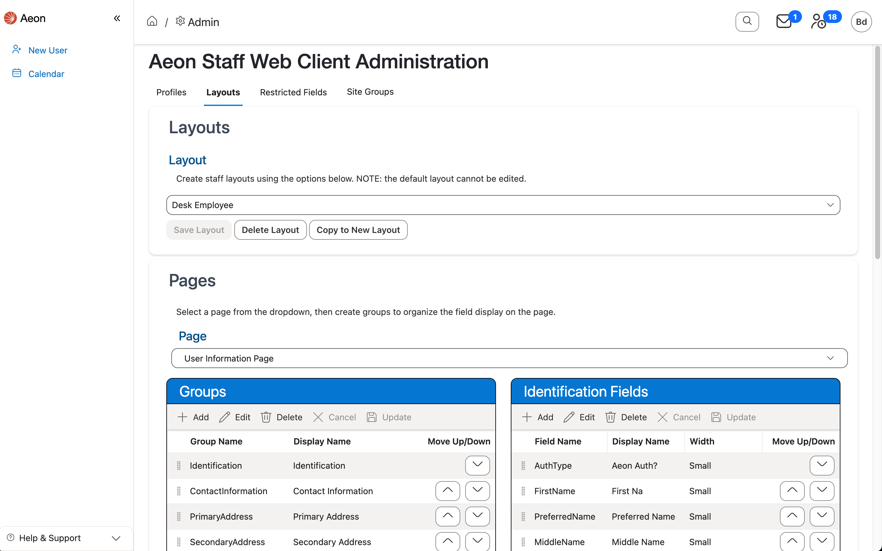 Layouts tab